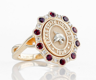 Texas State University class ring showcasing Boko mascot and intricate design elements